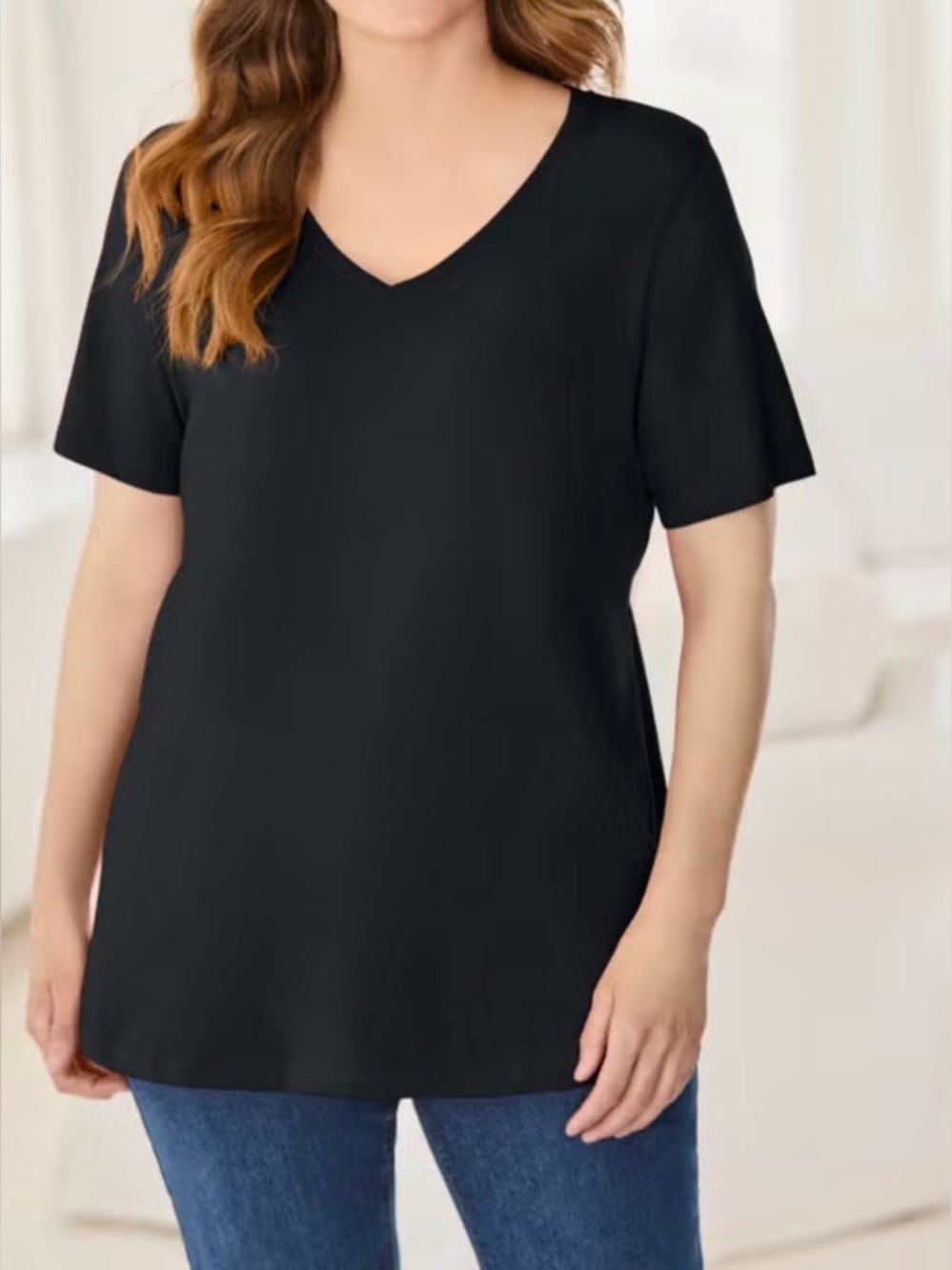 Woman Within 2X 26/28 Black Short-Sleeve V-Neck Cotton Tee
